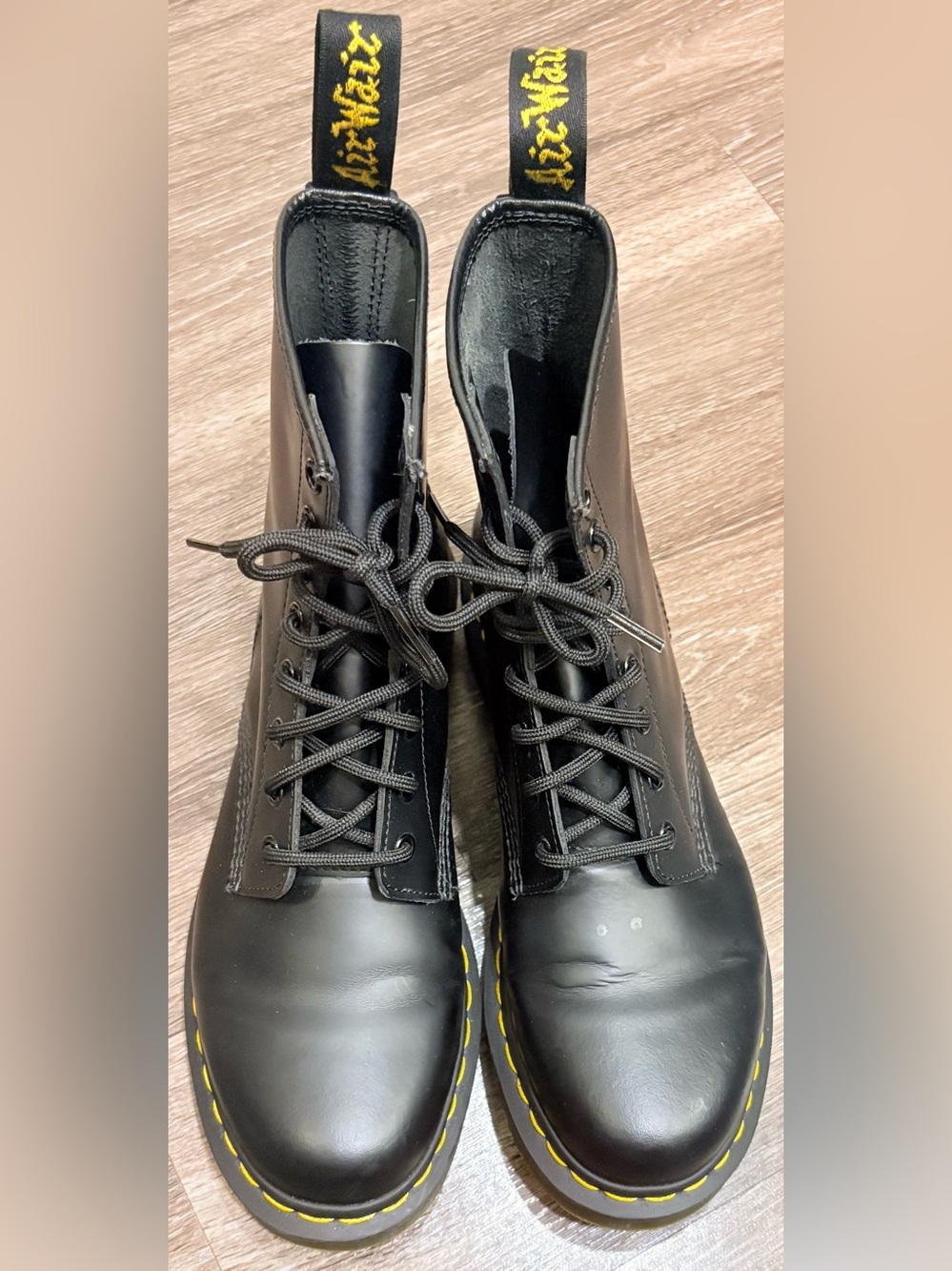 Dr. Martens Women’s Black Leather 1460 Lace Up Boots Yellow Stitching Size 10